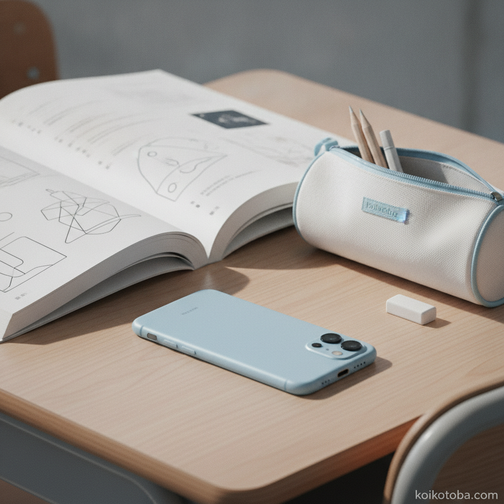 学校の机の上に置かれたスマートフォンと教科書
