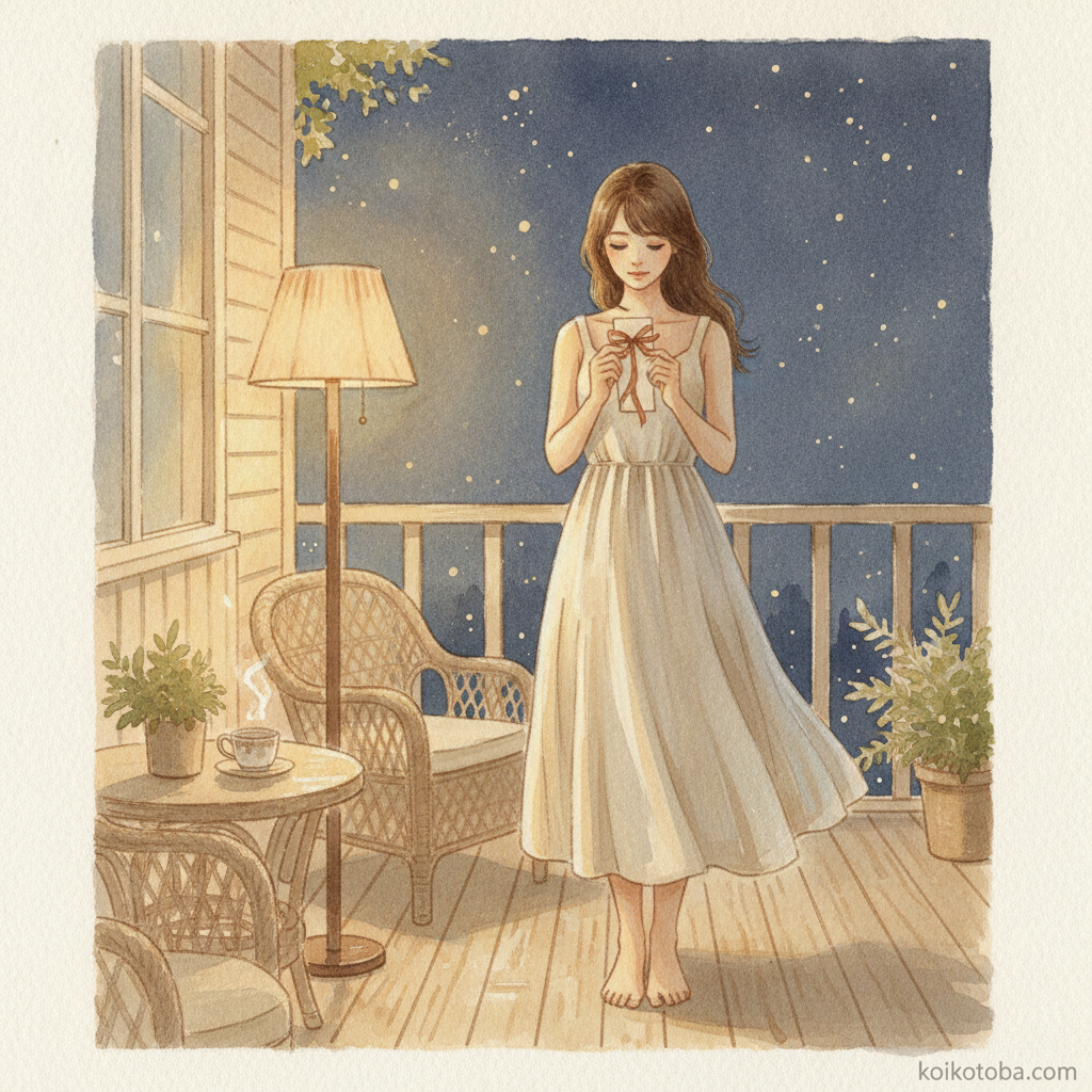 七夕の夜空の下で短冊を持つ女性のやさしい水彩イラスト