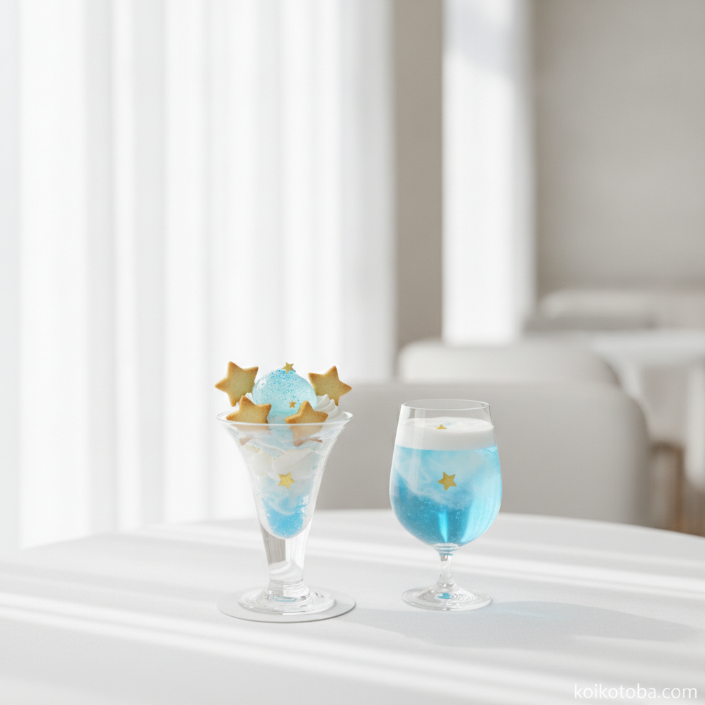 七夕テーマのカフェに並ぶ星型パフェと天の川ドリンク