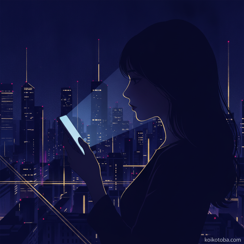 夜の都市の光の中でスマートフォンを持つ女性のシルエット
