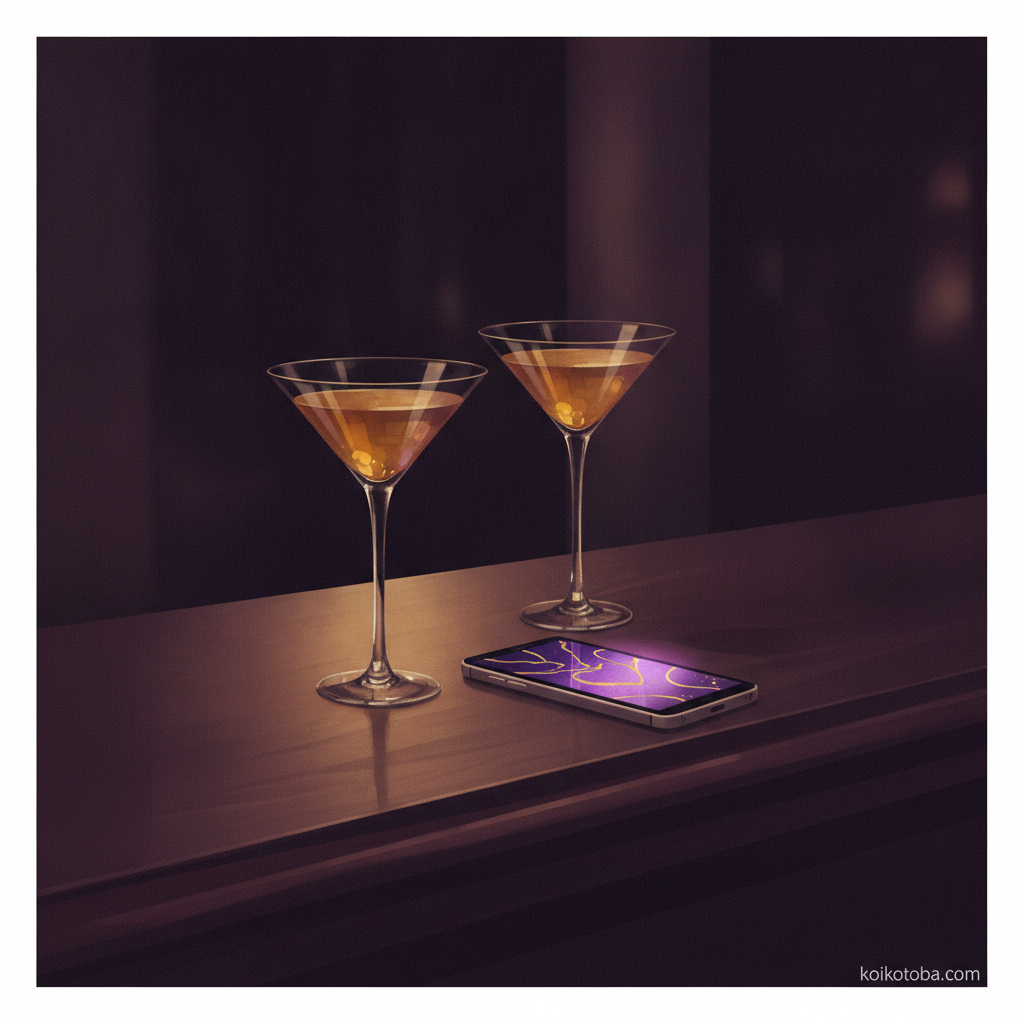 夜の間接照明に照らされたグラスとスマートフォンの静物