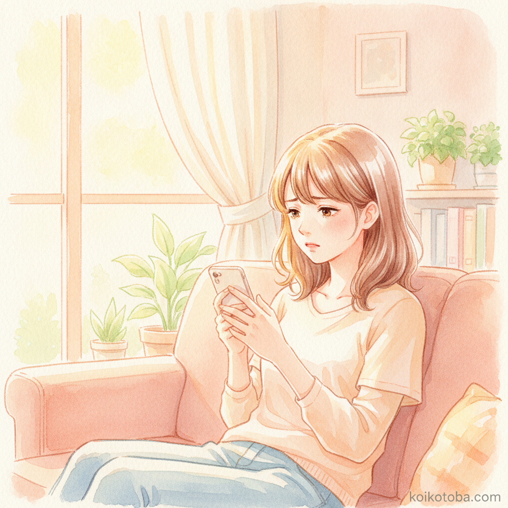 スマートフォンを手に持ち不安そうに考える女性
