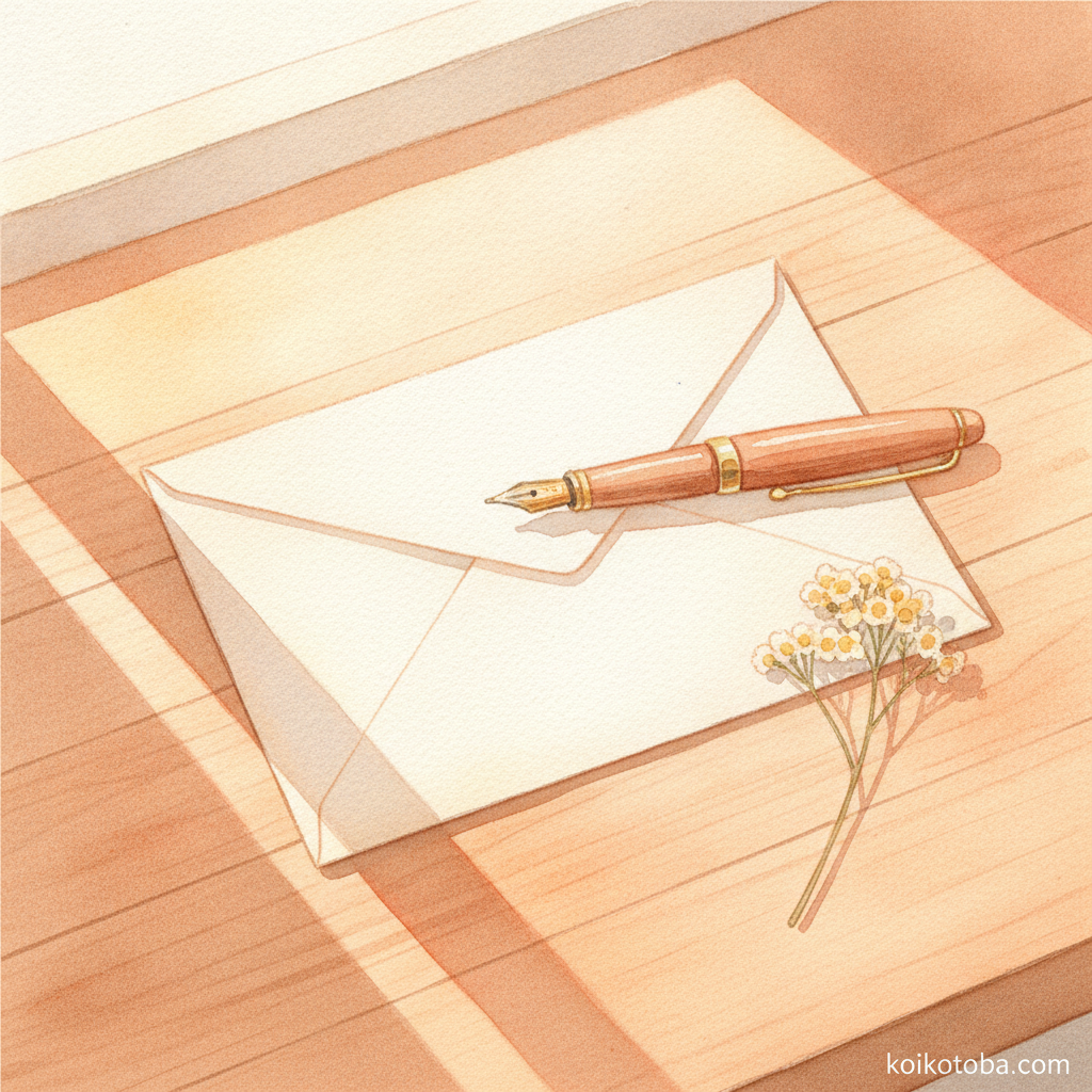木製の机の上に置かれた手書きの手紙とペンと小さなドライフラワー
