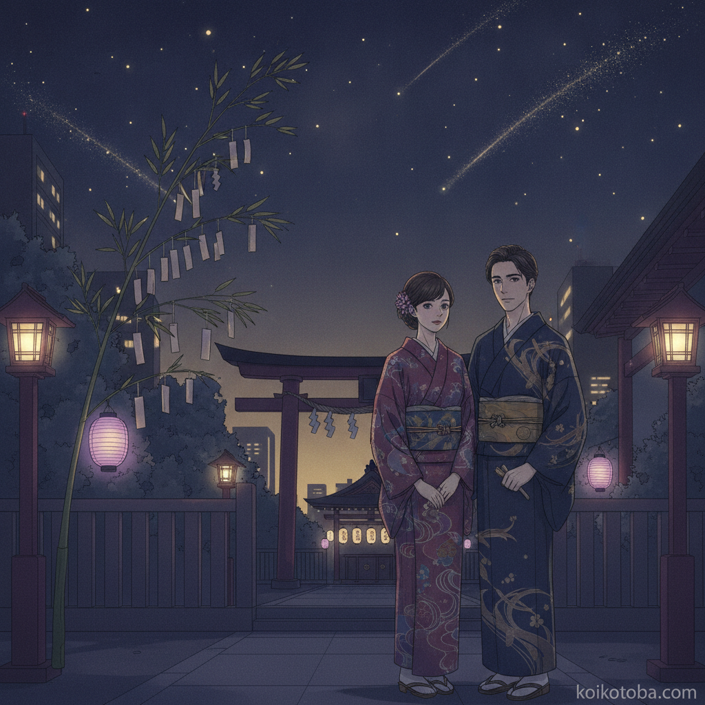 七夕の夜、短冊飾りのある神社で夜空を見上げるカップル