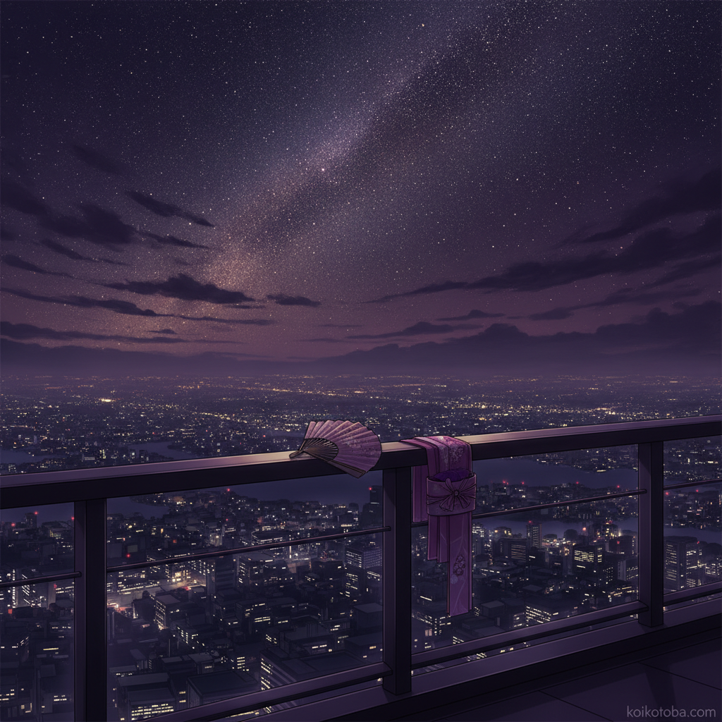 天の川が見える夜空と展望台の夜景、浴衣の帯と扇子の小物