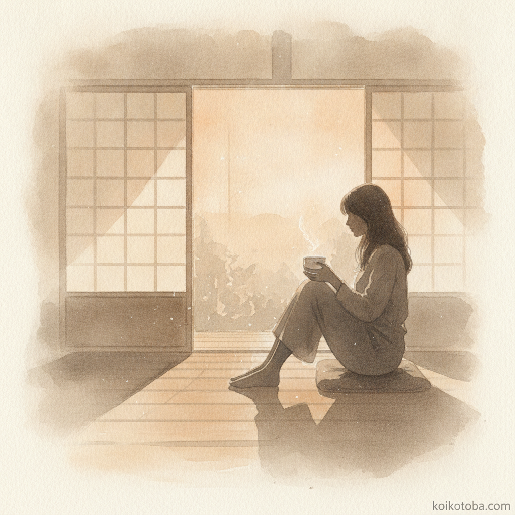 夕暮れの縁側でお茶を飲みながら物思いにふける女性のシルエット