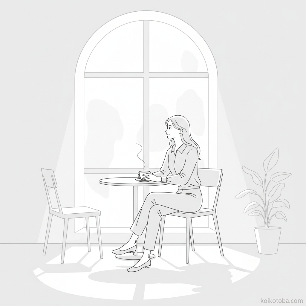 カフェの窓際でひとりコーヒーを手に持ち、外を静かに見つめる女性のイラスト