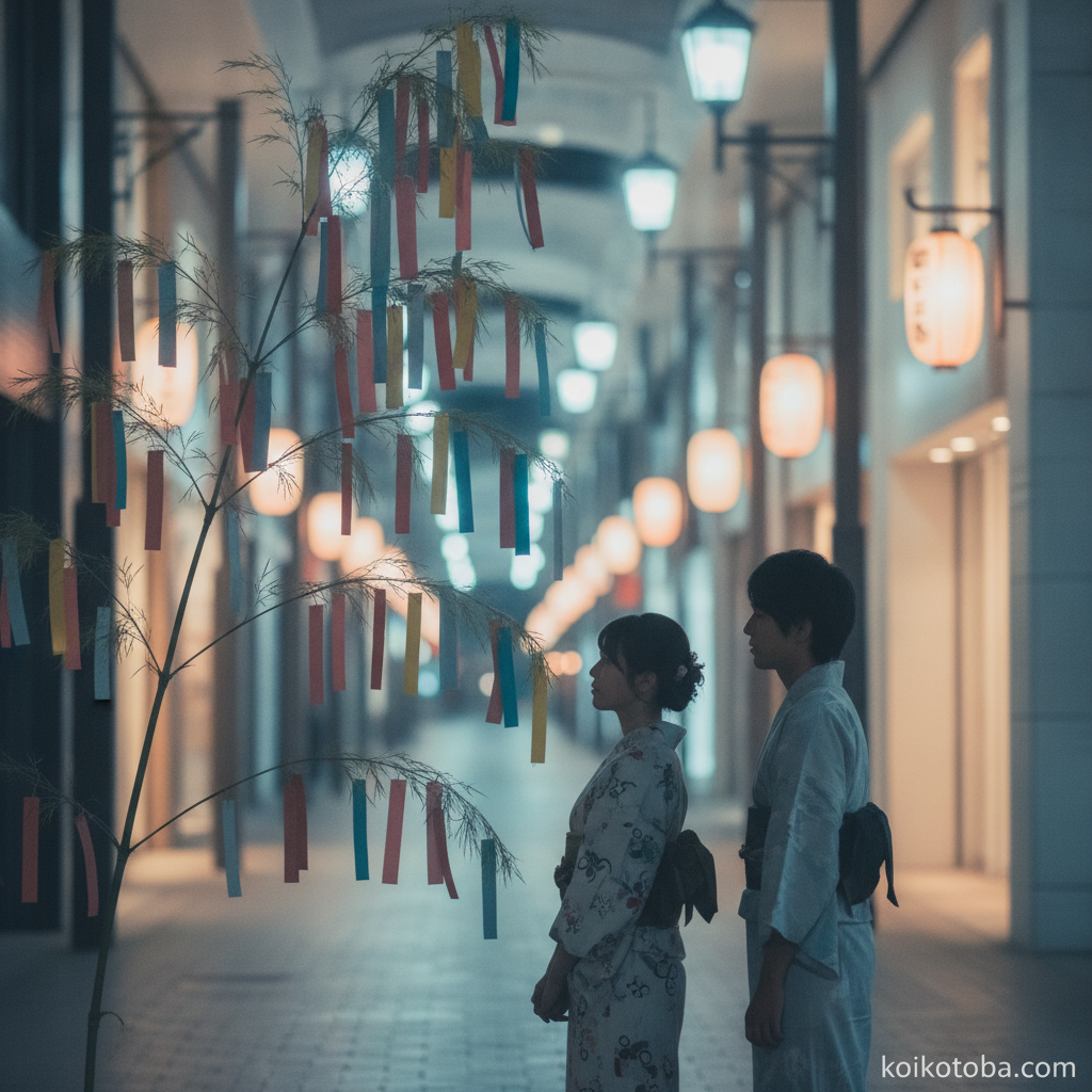 七夕の笹飾りの前に立つカップルのシルエット