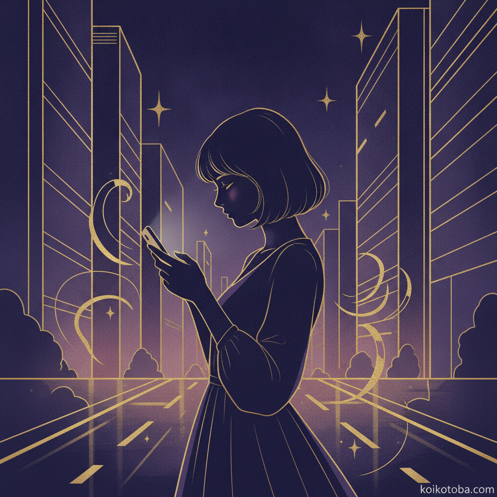 夜にスマートフォンを見つめる女性のシルエット
