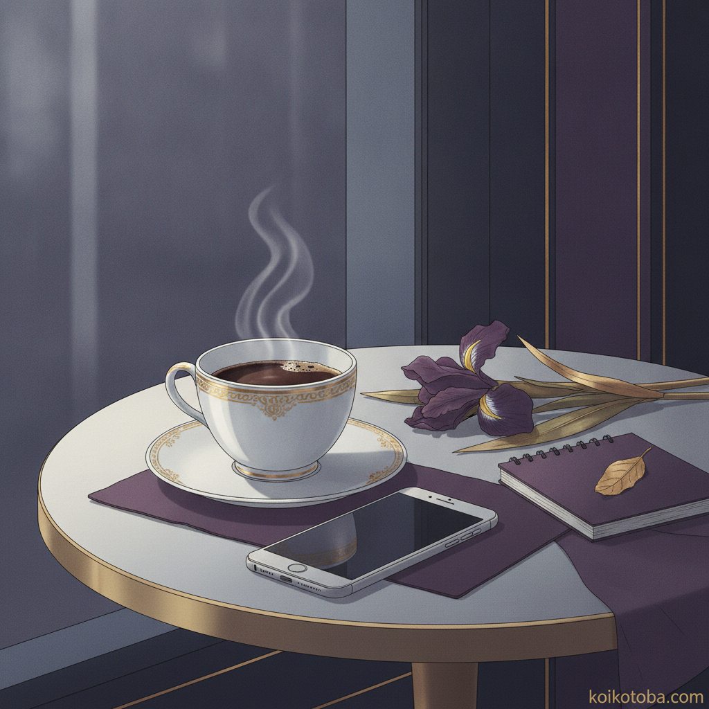 カフェのテーブルに置かれたコーヒーとスマートフォンの静物イラスト