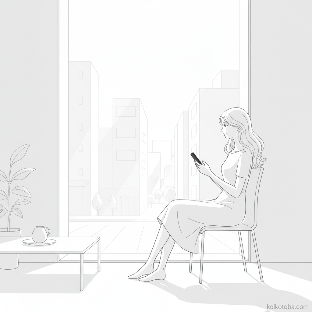 窓辺でスマホを持ちながら外を見つめる女性のイラスト