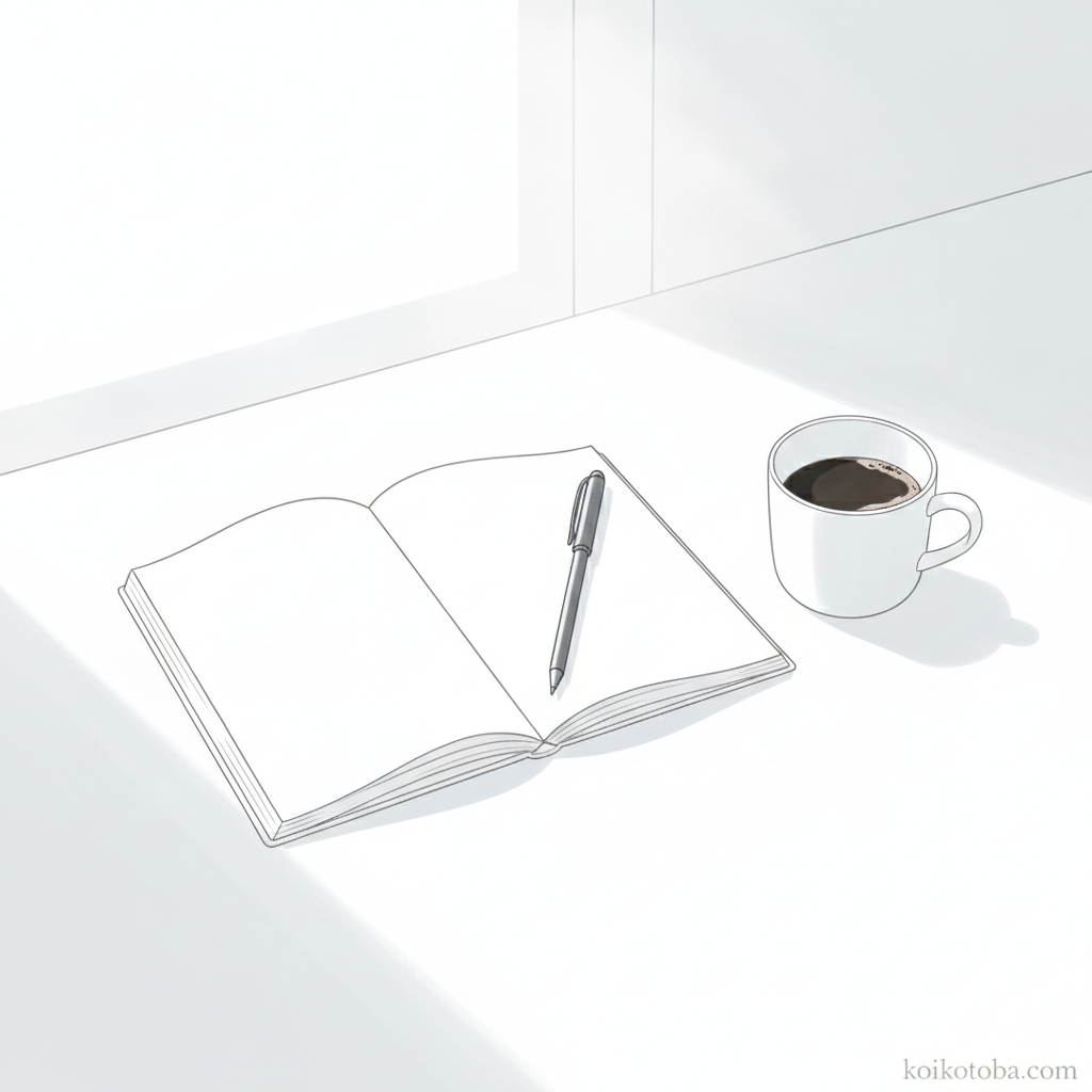 白いノートとコーヒーカップが置かれたデスクのミニマルなイラスト