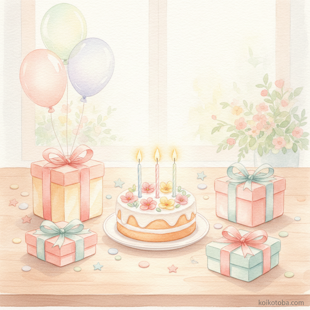 誕生日ケーキとプレゼントが並んだあたたかい雰囲気のテーブル