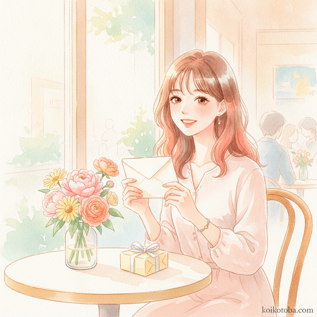 カフェで手紙とプレゼントを手にする女性の優しい雰囲気