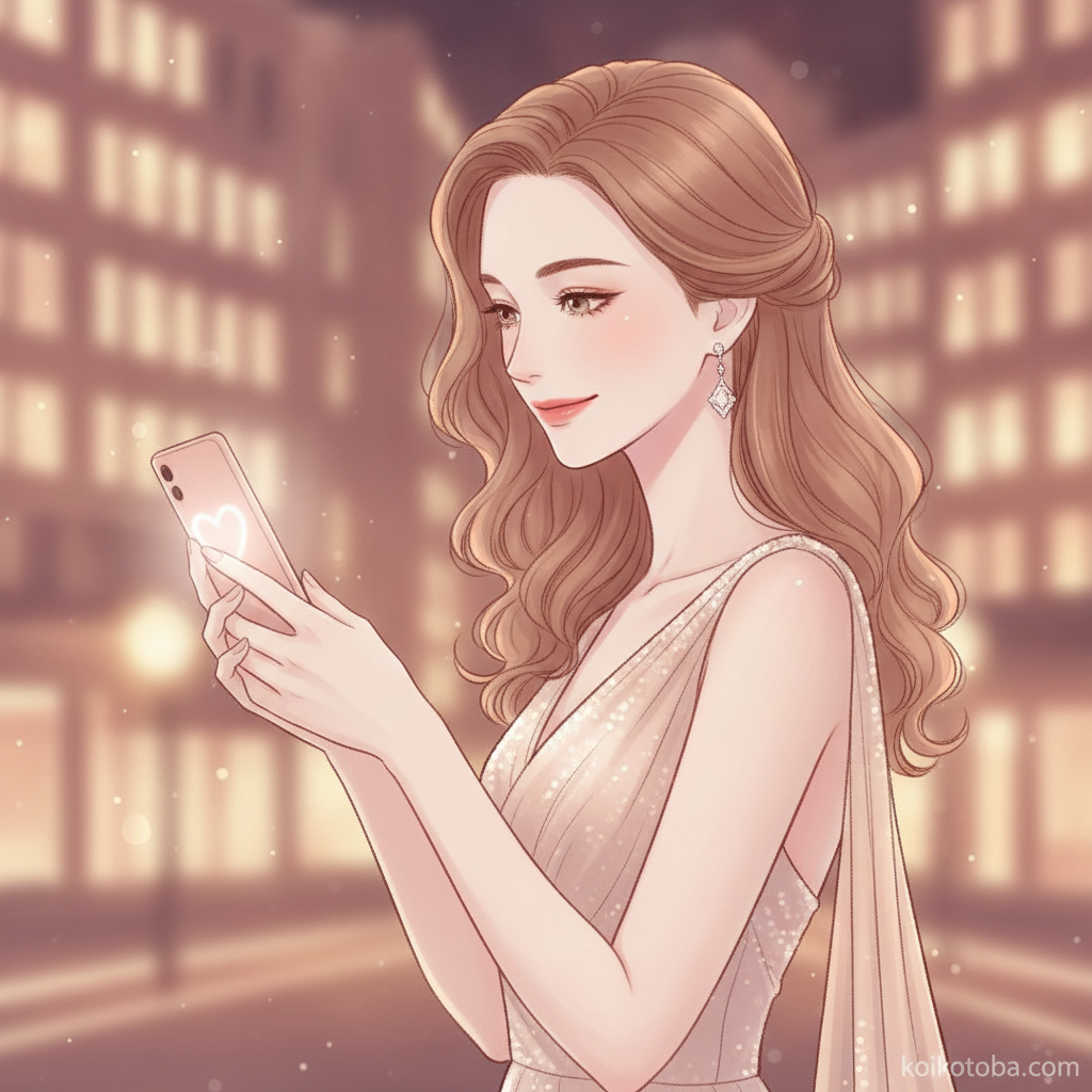 スマートフォンを見て微笑む女性のイラスト、夜の街とシャンパンピンクの光