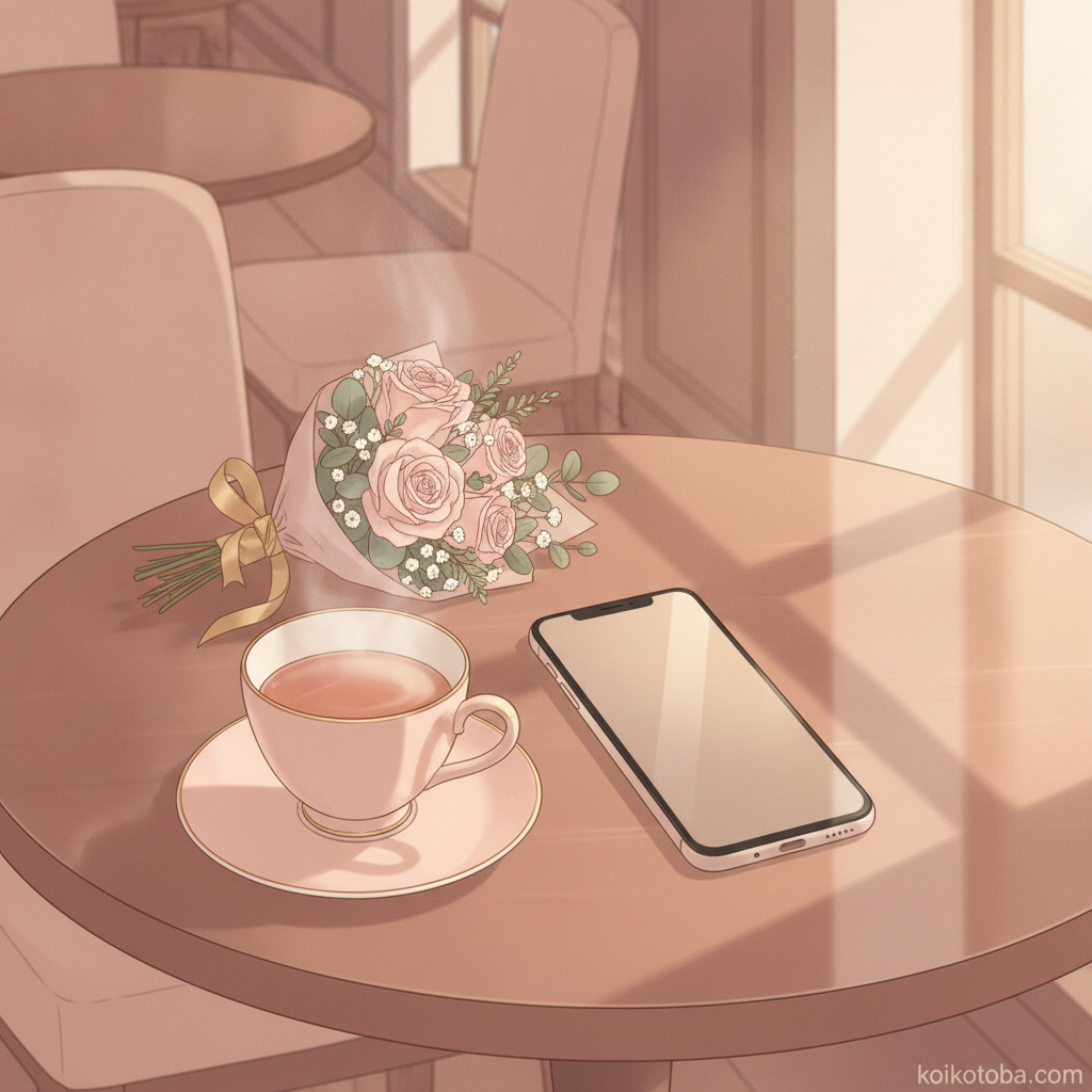 カフェのテーブルに置かれたスマートフォンとピンクのカップのフラットレイイラスト