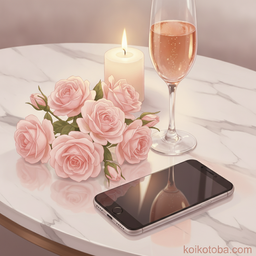 スマートフォンとピンクのバラとシャンパングラスの小物イラスト