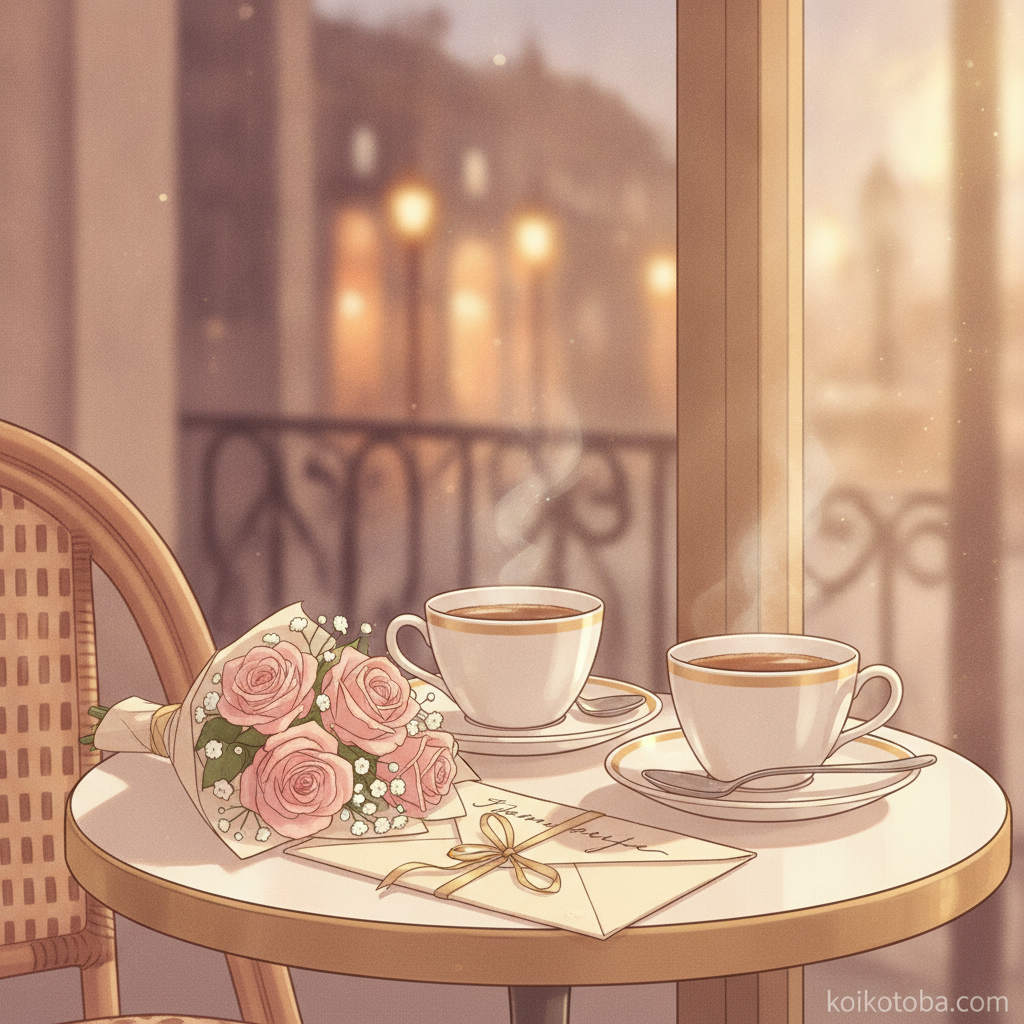 カフェのテーブルに置かれた二つのカップと小さな花束