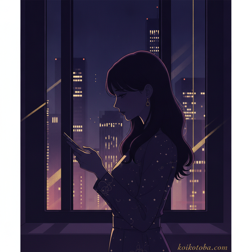 夜景を背景にスマートフォンを見つめる女性のシルエット、好き避けのイメージ