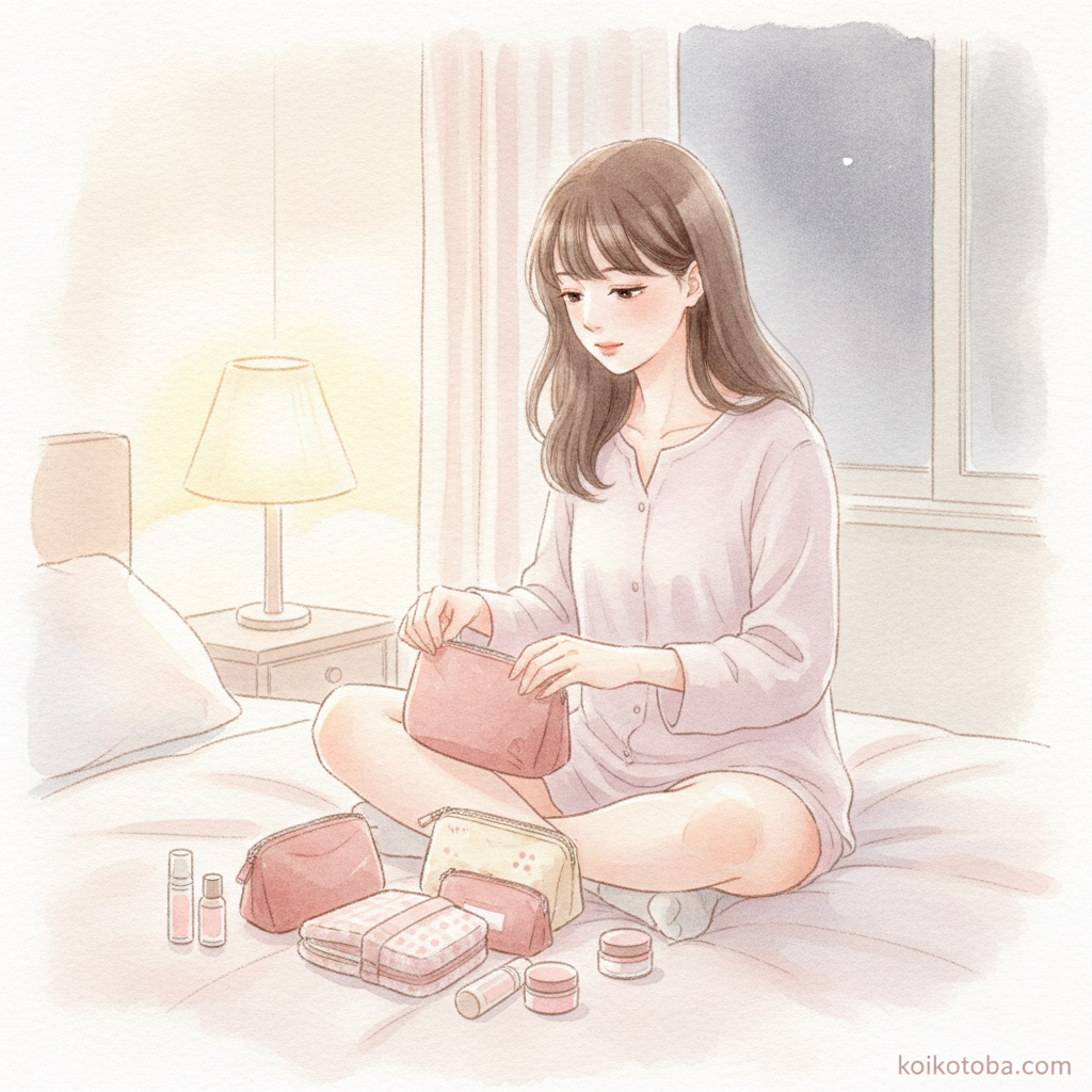 お泊まりデートの前夜、ベッドで荷物を整えている女性