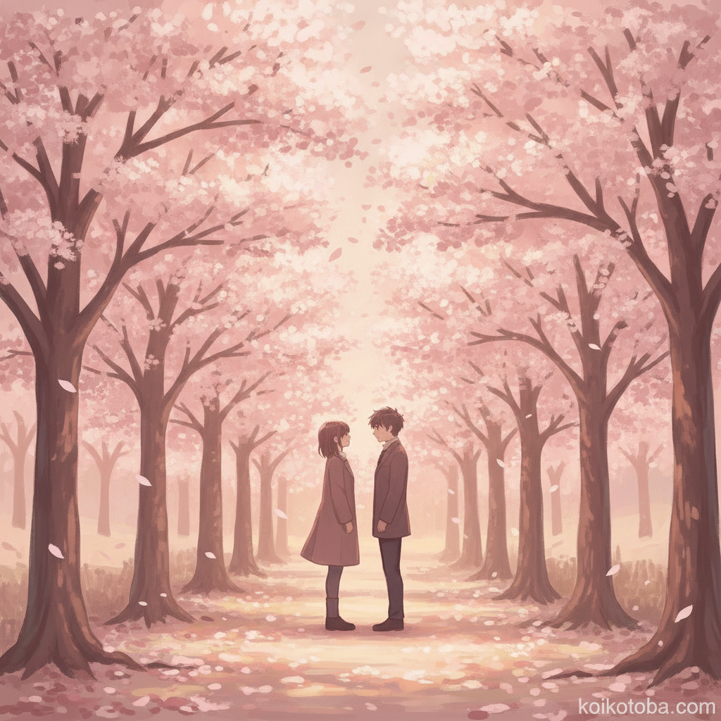 桜の道で向かい合う二人のイラスト