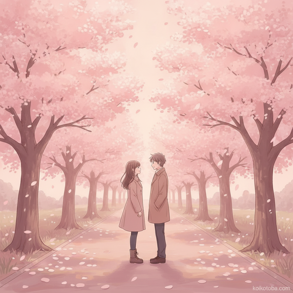 桜の道で向かい合う二人のイラスト
