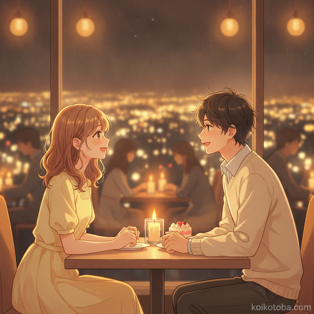 夜景レストランで記念日ディナーを楽しむカップル