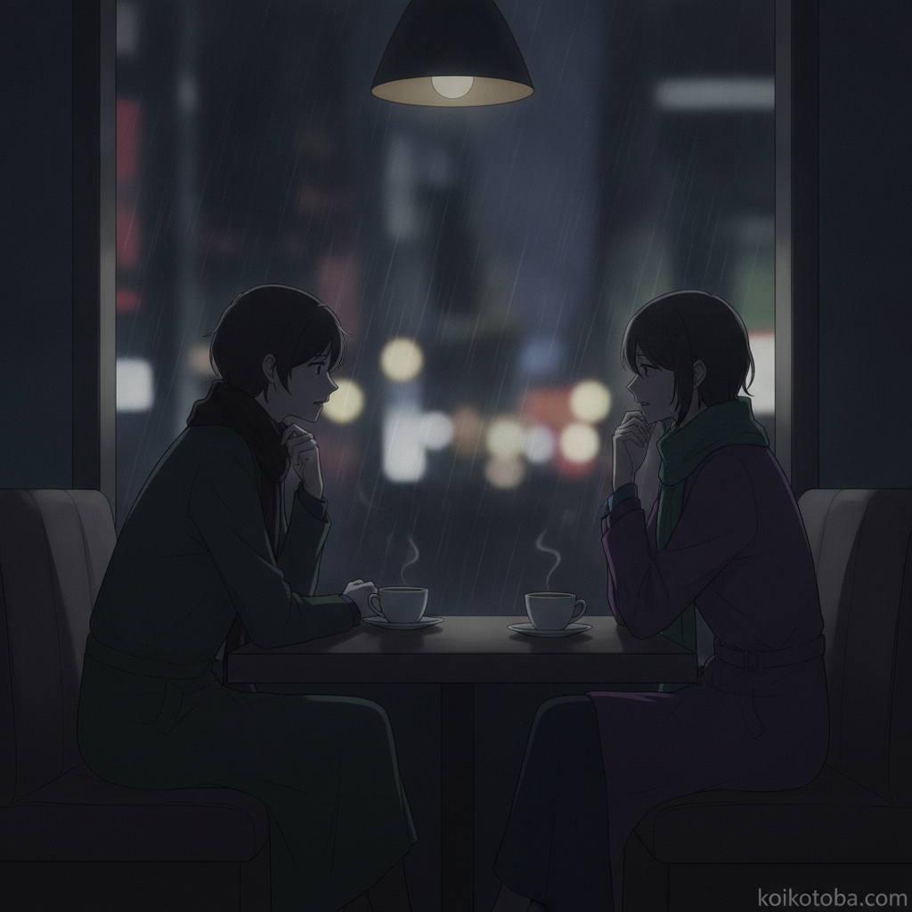 カフェで向かい合う二人の落ち着いた雰囲気のイラスト