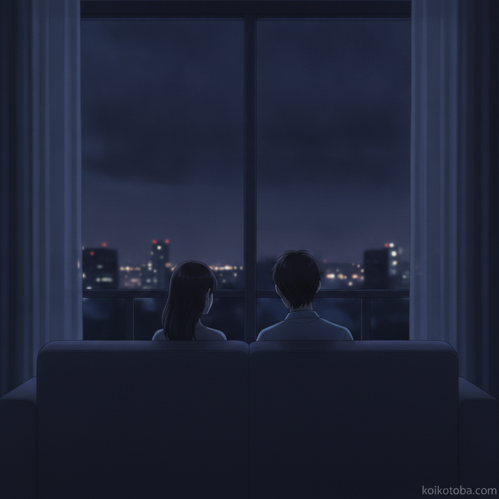 夜の部屋で少し距離を取って座るカップルのイラスト