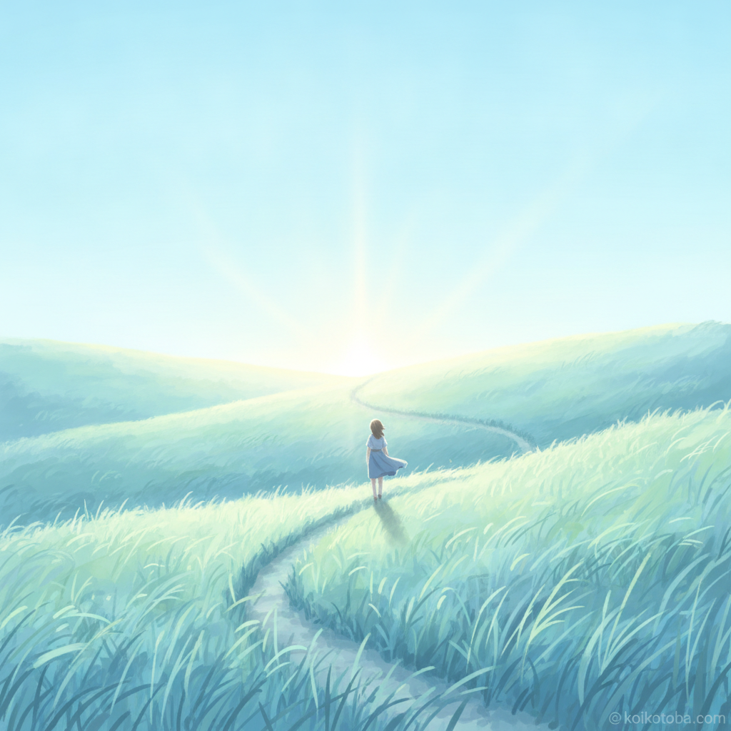 青空の下、未来へ歩き出す人物の後ろ姿のイラスト