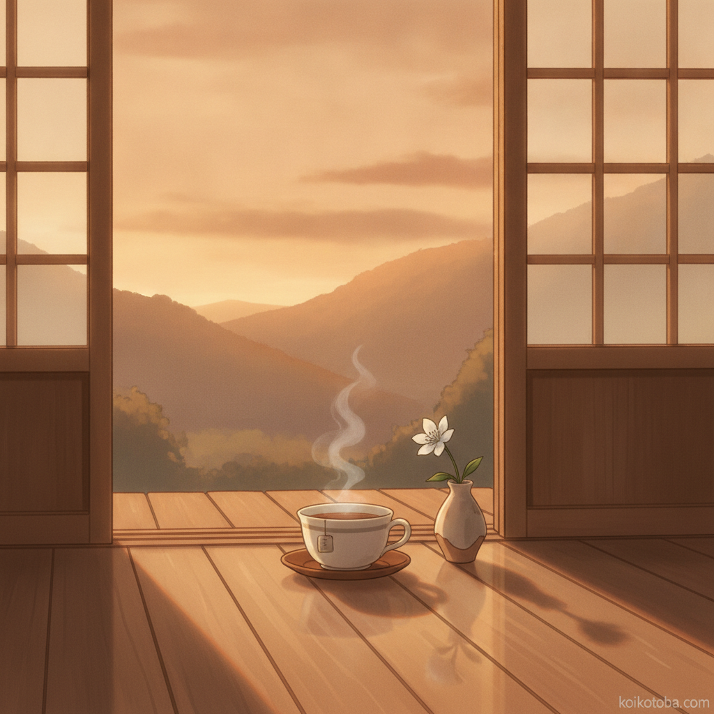 夕暮れの窓辺に置かれた湯呑みと小さな花
