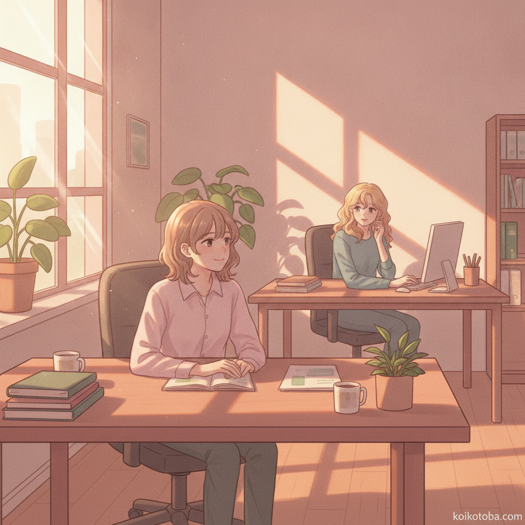 職場で気になる人をそっと見つめる人物のやわらかいイラスト