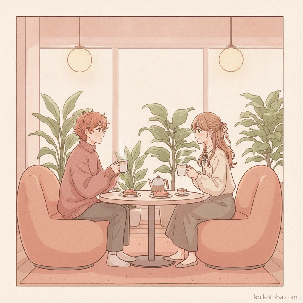 休憩スペースで穏やかに会話する二人のやわらかいイラスト