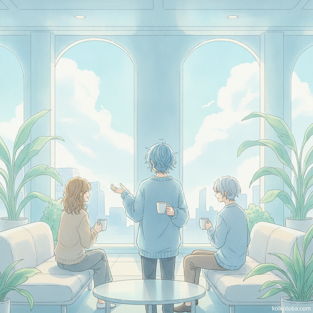 休憩時間に同僚と自然に会話する職場の風景