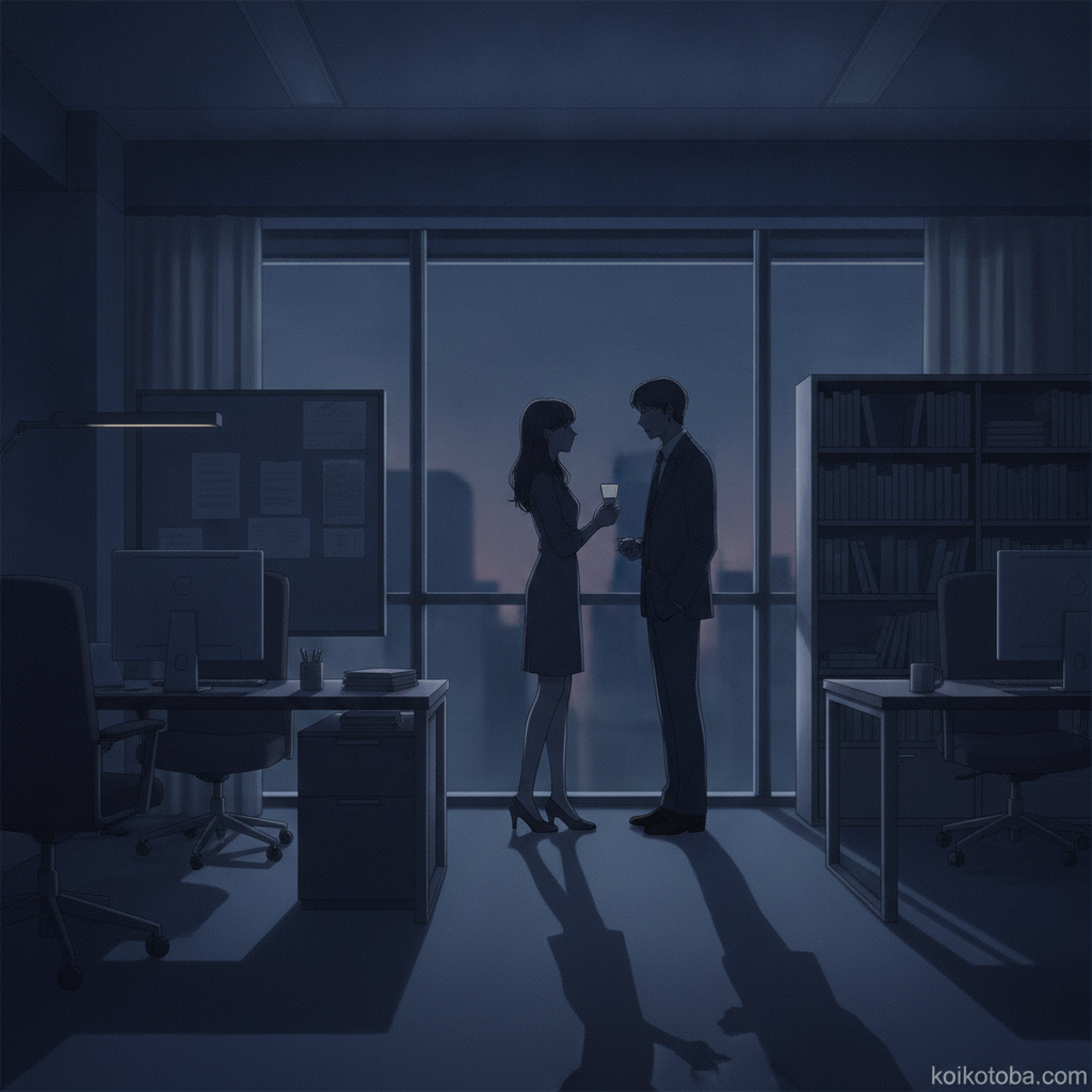 夕方のオフィスで会話する男女のイラスト