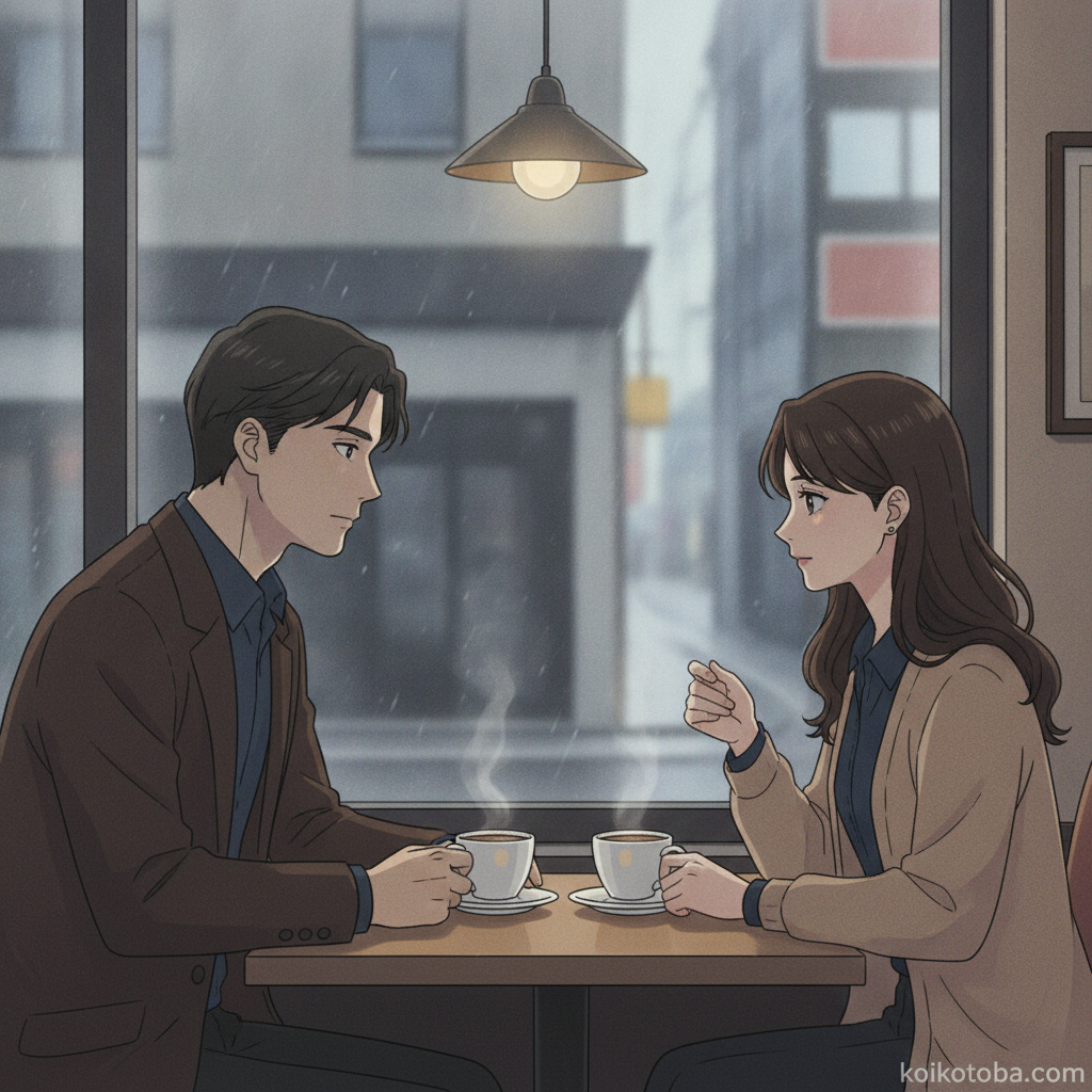 カフェで向かい合う男女のイラスト