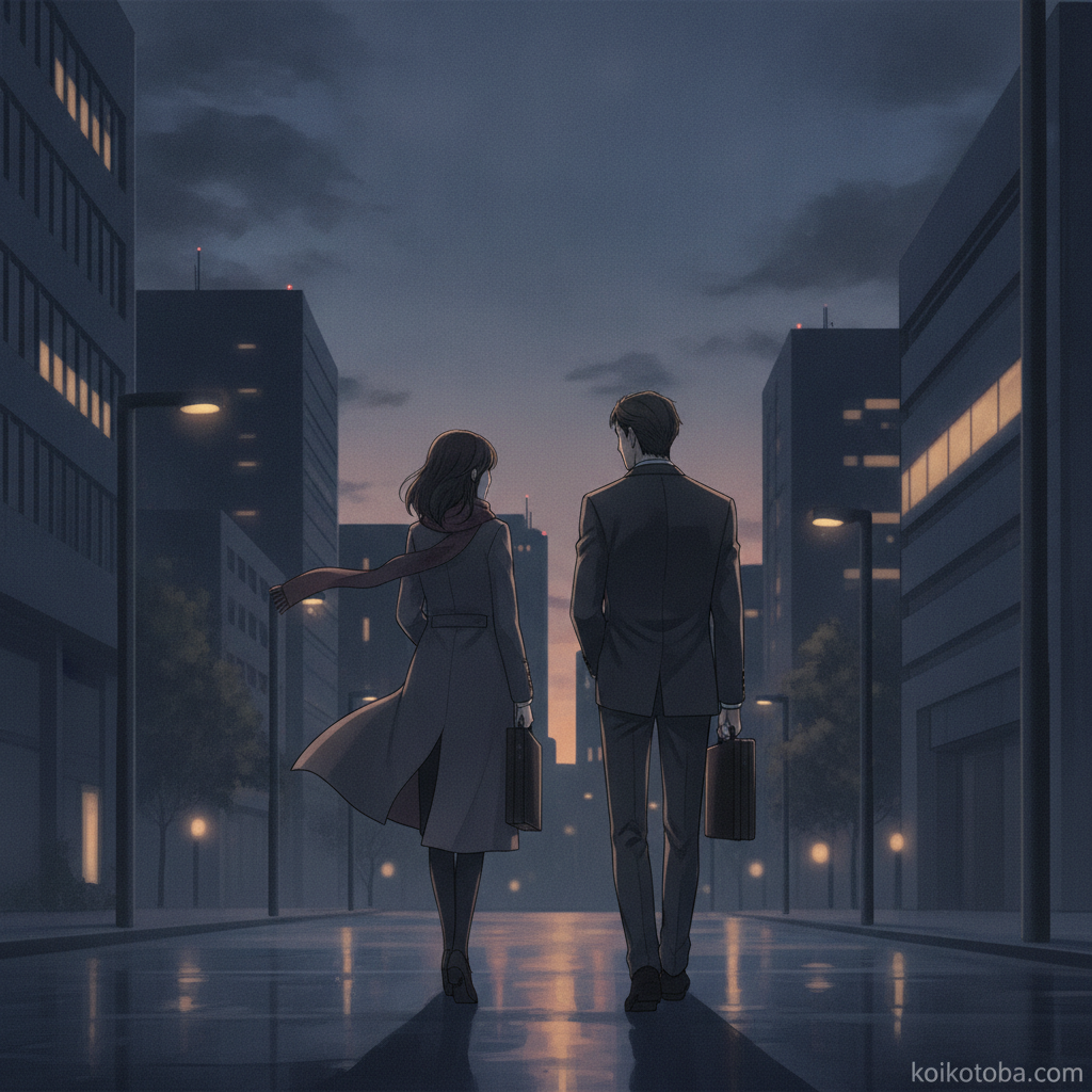 夕暮れのオフィス街を歩く男女の後ろ姿のイラスト