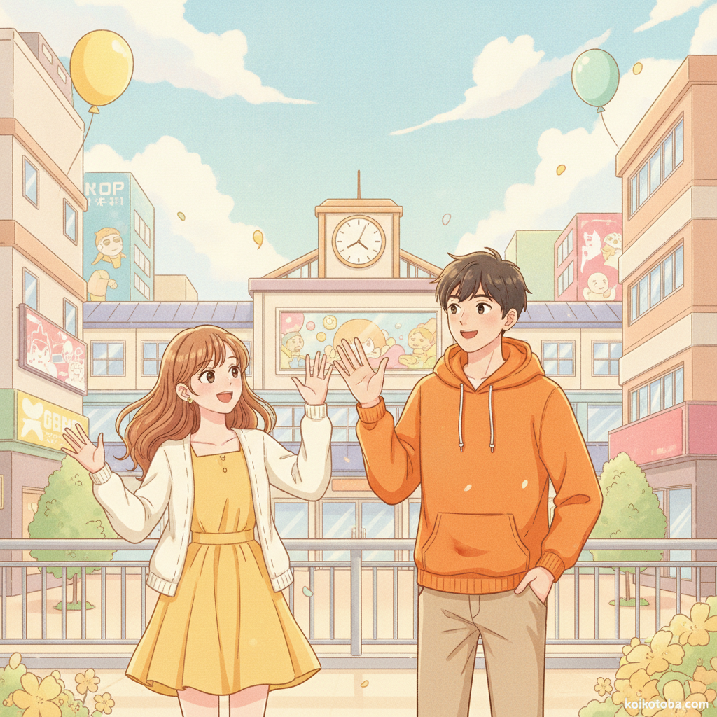 明るい街で待ち合わせをする様子のイラスト