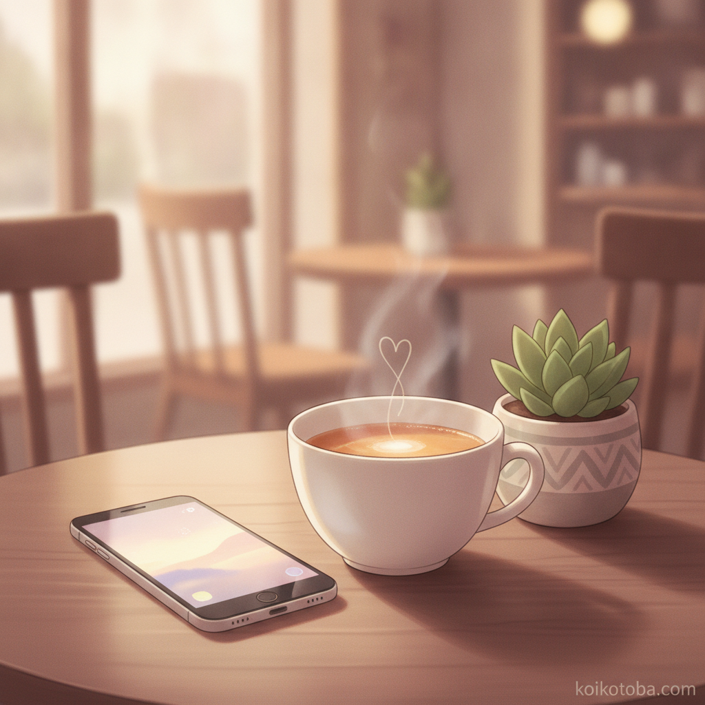 カフェのテーブルに置かれたスマホと飲み物のイラスト