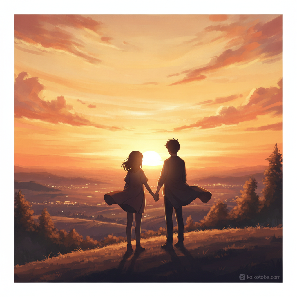 夕焼けの景色を二人で眺めるロマンチックなイラスト