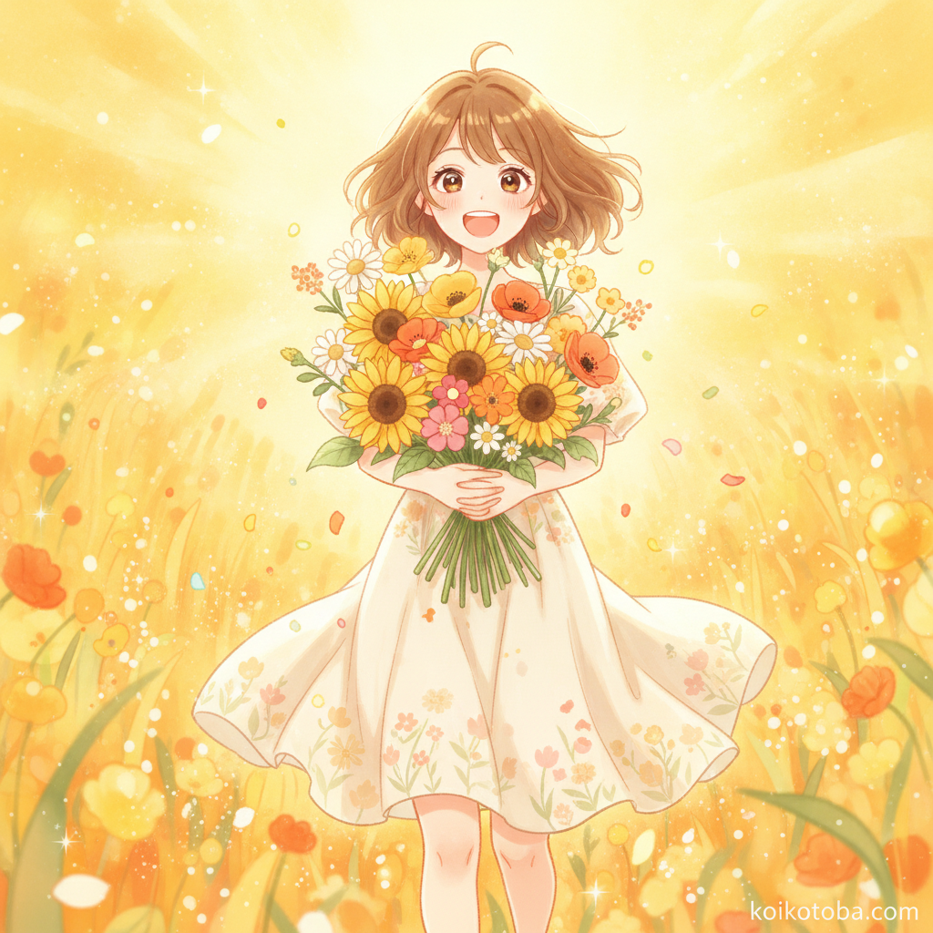 花束を持って前向きに微笑む人物のイラスト