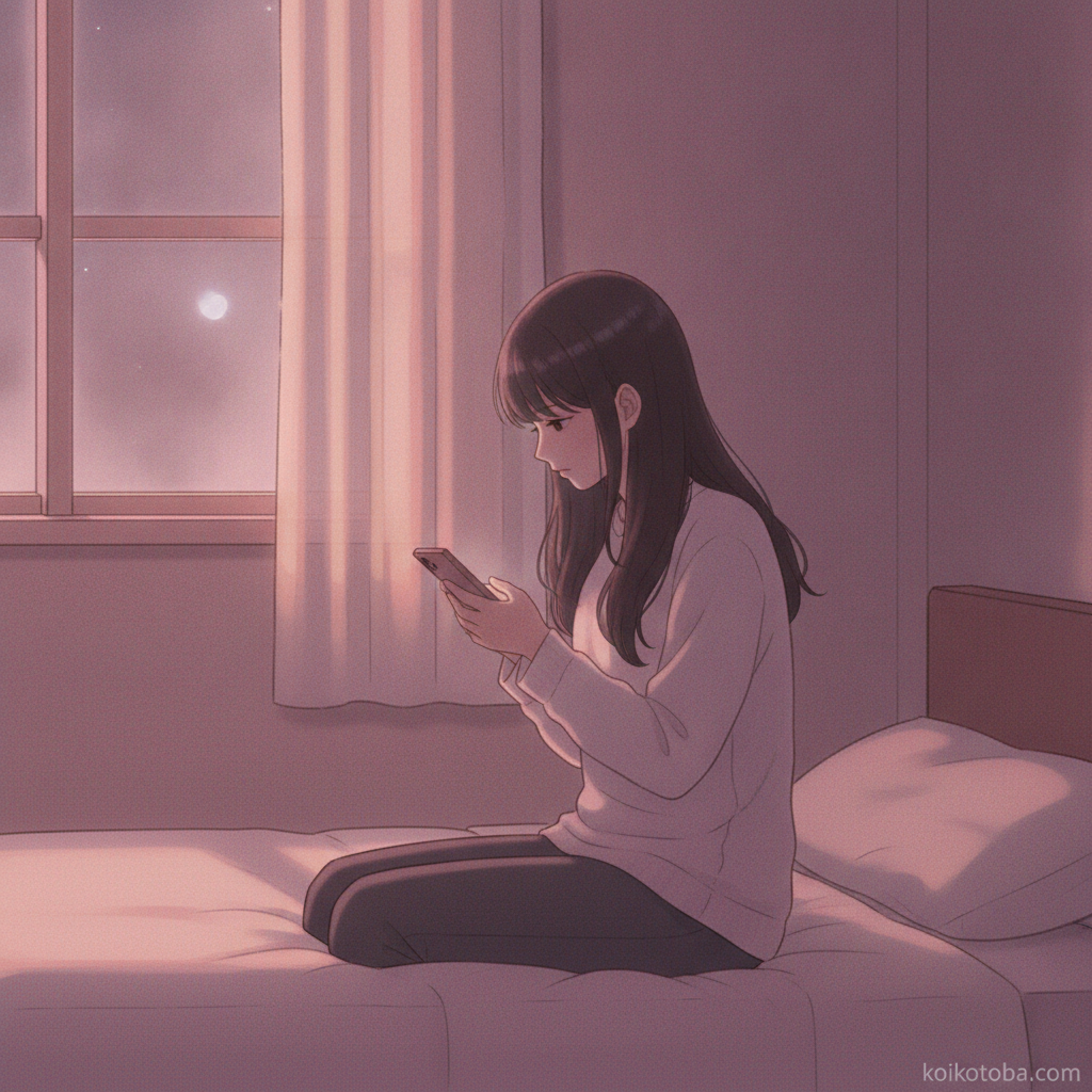 夜のベッドでスマホを握りしめうつむく女性のイラスト