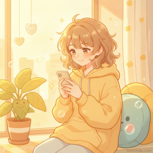 スマホを見ながら微笑む人物のイラスト
