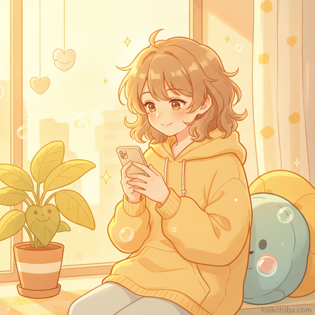 スマホを見ながら微笑む人物のイラスト
