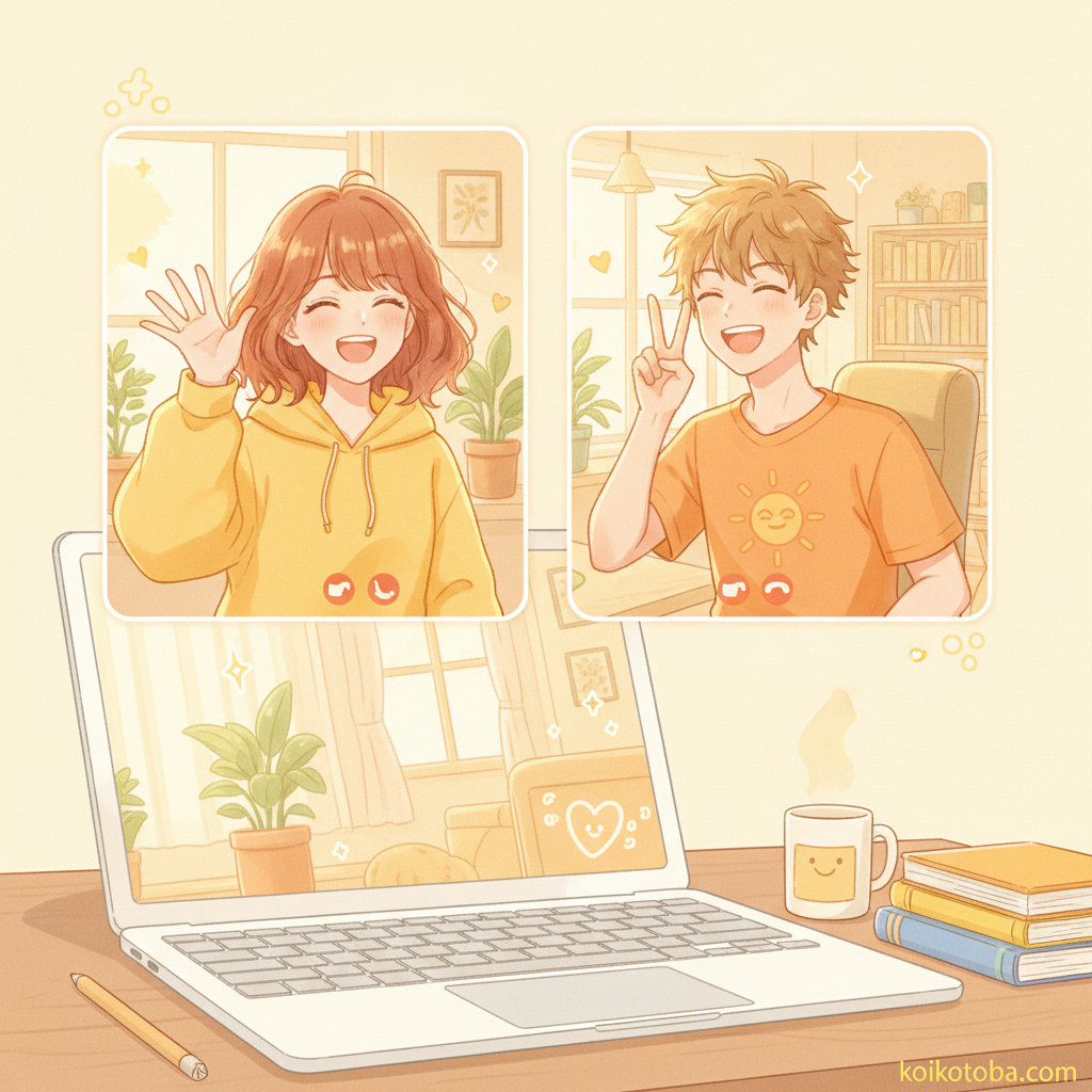 ビデオ通話でつながる二人のイラスト
