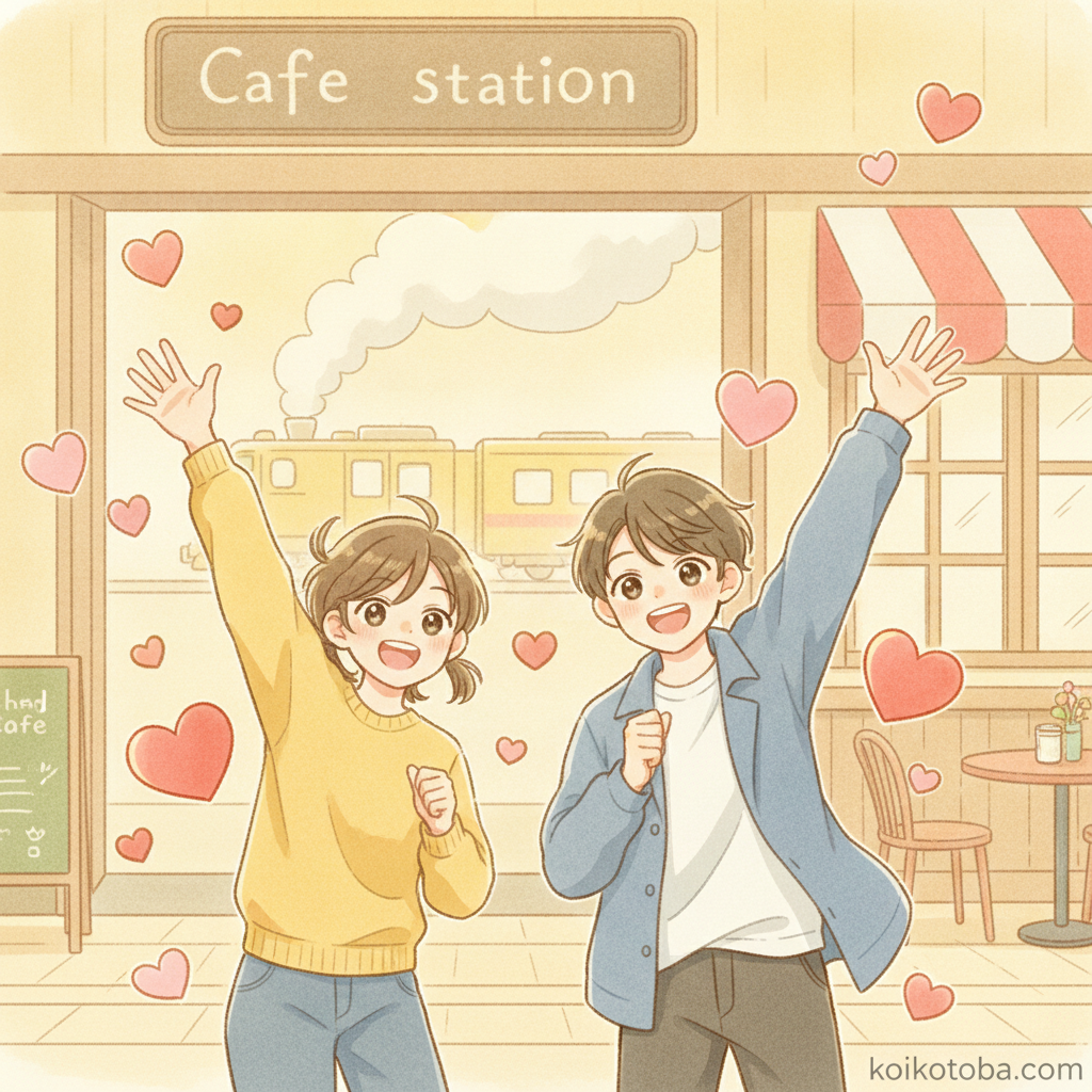 再会して笑顔で手を振り合う二人のイラスト