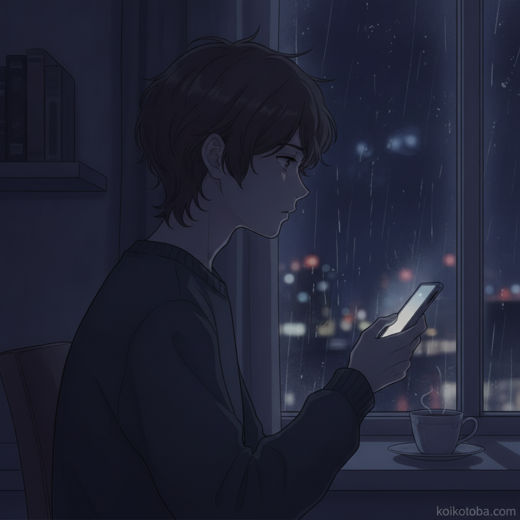 スマートフォンを見て考え込む人物のイラスト
