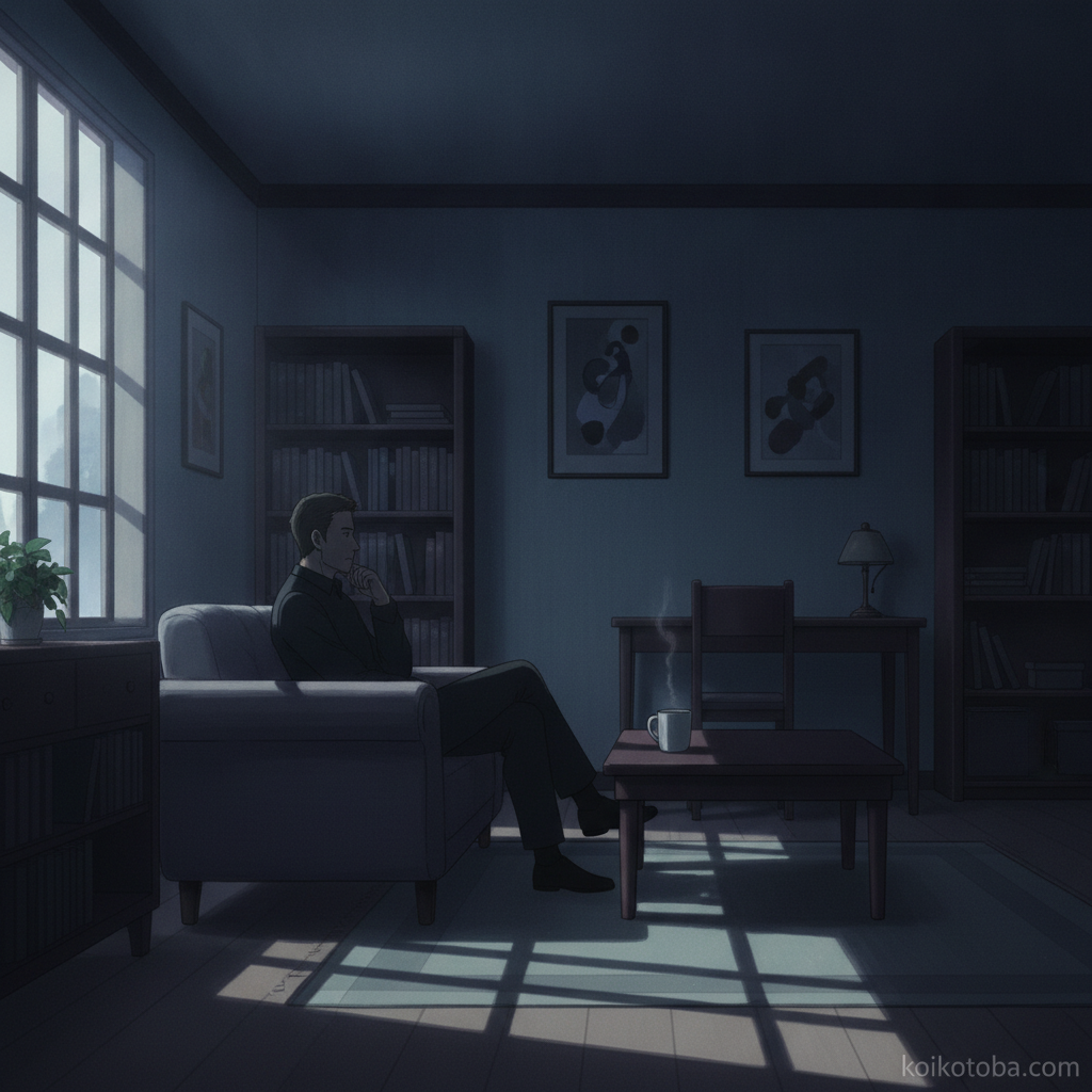 静かに考え事をする男性のイラスト