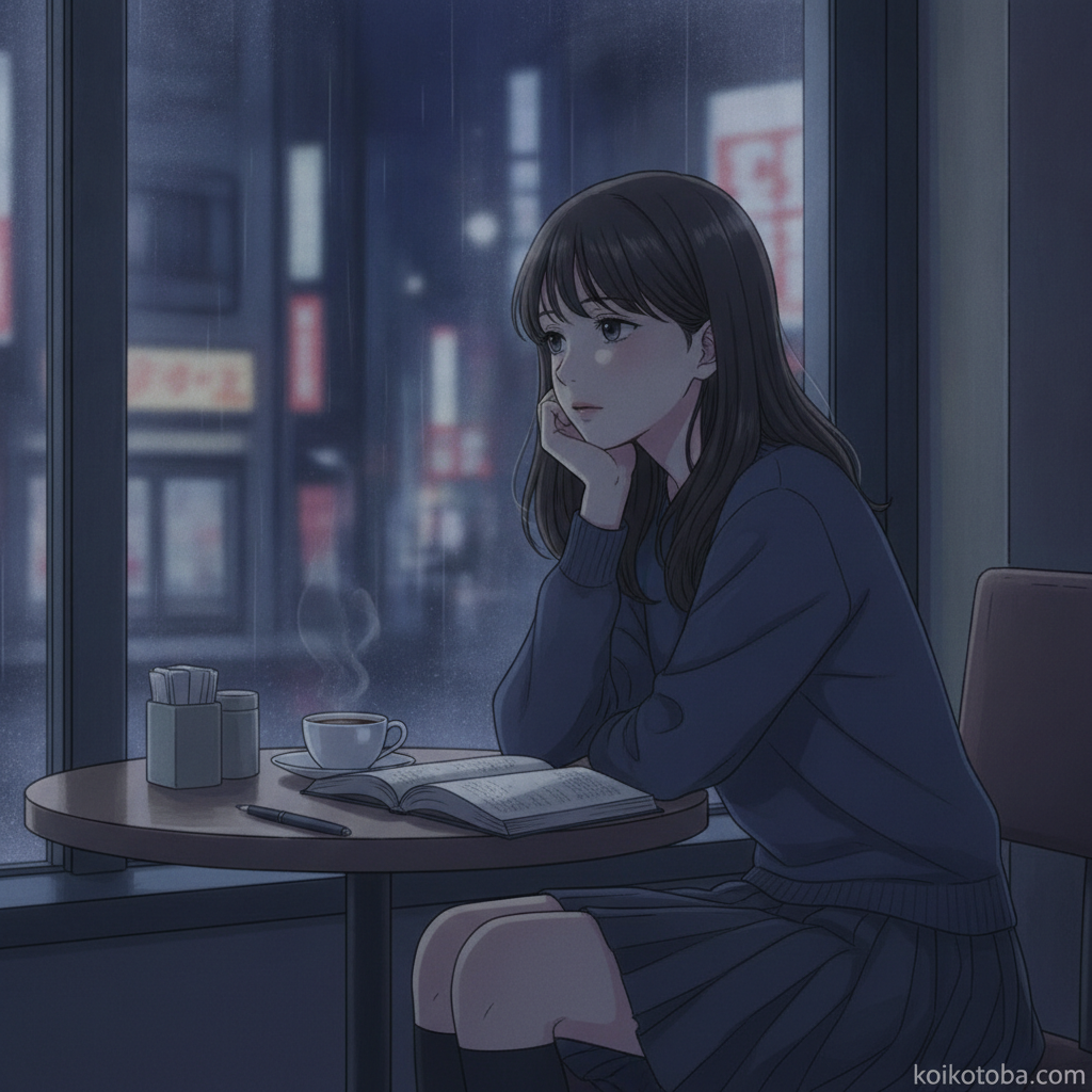 窓辺で考え込む女性のイラスト