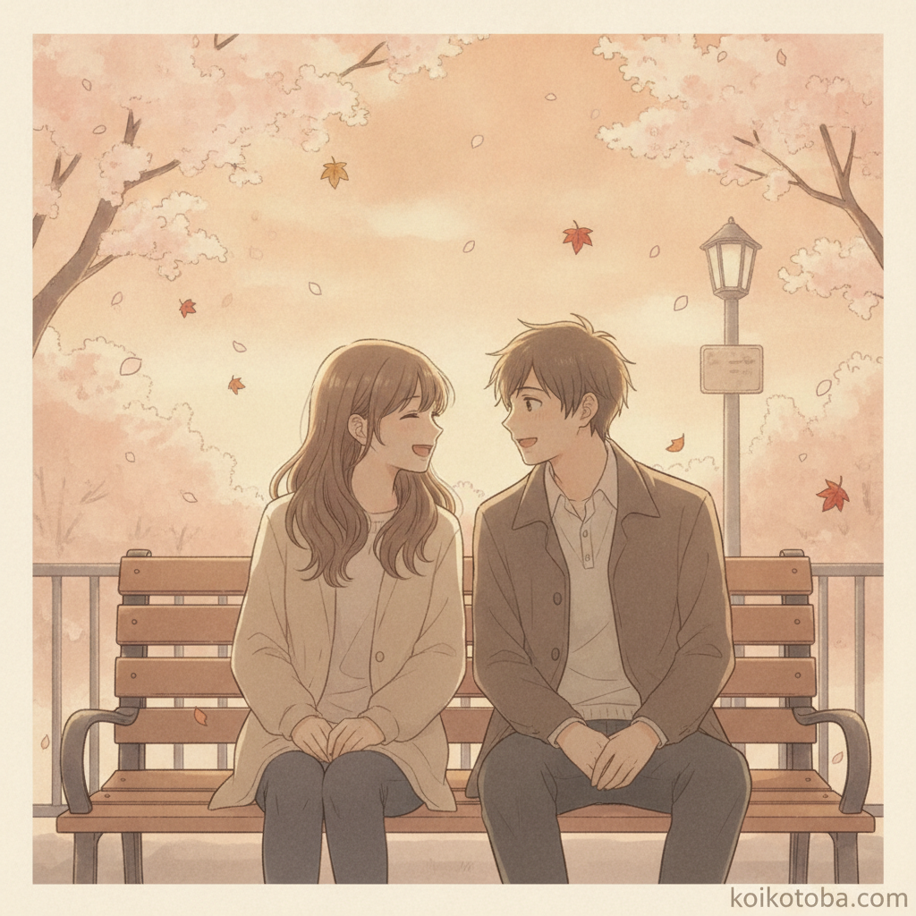 夕暮れの公園で気持ちを伝え合う二人のイラスト